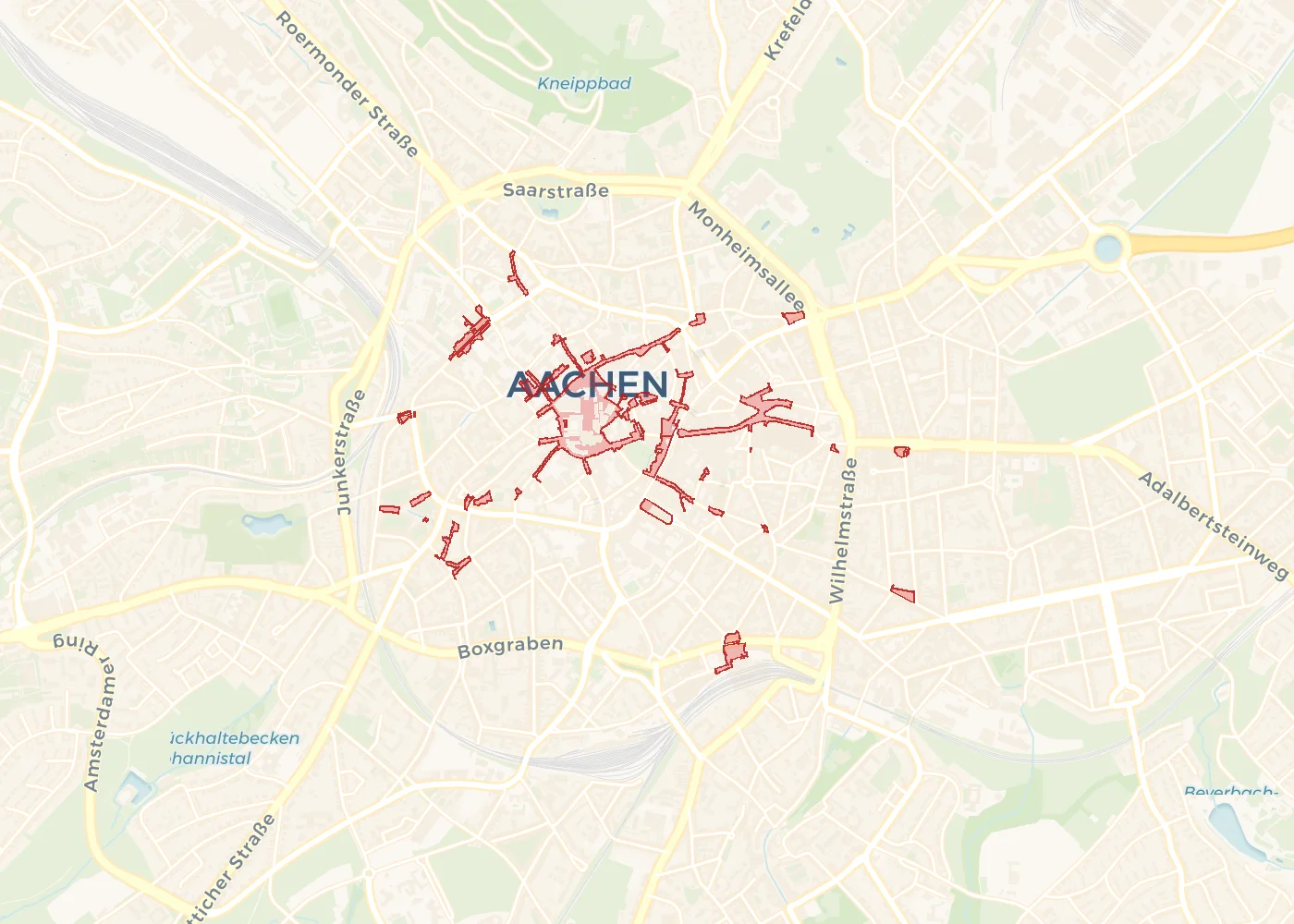 Karte von Aachen: alle Fußgängerzonen der Innenstadt rot hervorgehoben.